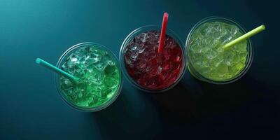 Refreshing colorful drinks with ice and straws on a table photo