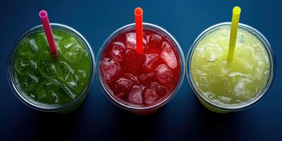 Colorful summer drinks in bright cups with ice photo
