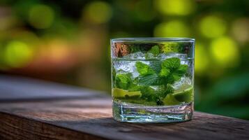 Refreshing mint drink in a glass on wooden surface photo