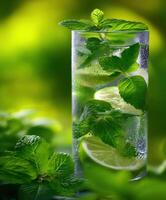 Refreshing mint and lime beverage served in a clear glass photo