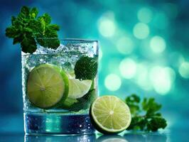 Lime and mint cocktail on a vibrant backdrop photo