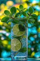 Refreshing drink with lime and mint in a sunny garden photo