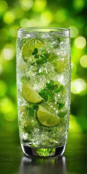 Refreshing drink with mint and lime in a beautiful setting photo