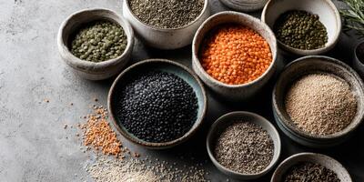 Colorful assortment of lentils and seeds on a table photo