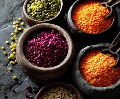 Exploring vibrant spices and lentils in wooden bowls photo