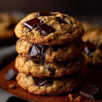 A stack of chocolate chip cookies on a wooden plate photo