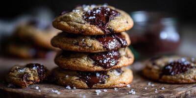A stack of freshly baked chocolate cookies sits on a wooden board photo