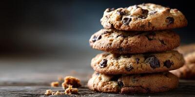 Deliciously baked chocolate chip cookies stacked neatly photo