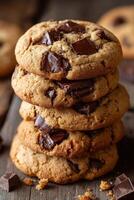 Freshly baked chocolate chip cookies stacked high photo