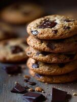 Delicious homemade chocolate chip cookies stacked photo