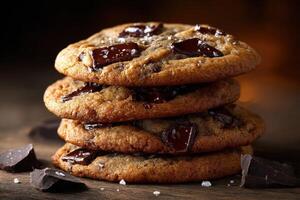Chocolate chip cookies stacked on wooden table at sunset photo