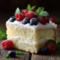 Berry cake with mint on a wooden surface photo