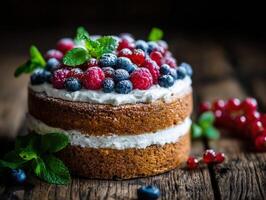 Fresh berry cake with cream on rustic wooden table photo