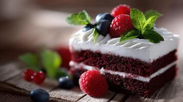 Delicious red velvet cake with berries on a wooden table photo