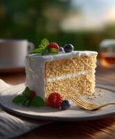 Sliced cake with fresh berries and mint on a wooden table photo