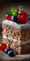 Delicious dessert slice with fresh berries on top photo