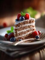 Delicious cake slice topped with fresh berries and mint photo