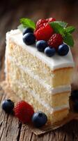 Delicious cake slice with berries and mint on wooden table photo
