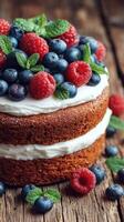 Delicious berry-topped cake displayed on rustic wooden table photo