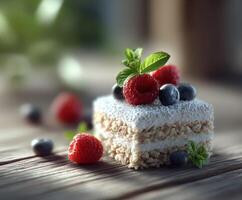 Delicious dessert with berries on wooden table photo