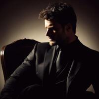 Man in black suit poses dramatically in dimly lit room photo