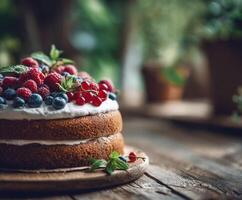 Delicious berry cake on wooden table with greenery photo