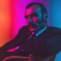 Man in suit poses dramatically against colorful backdrop photo