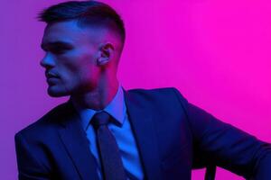 Stylish man in suit poses against vibrant pink background photo