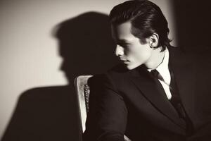 Stylish young man in formal attire with dramatic shadows photo