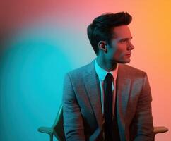 Elegant man in stylish suit poses with colorful lighting photo
