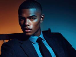 Model posing with stylish attire in dramatic lighting setup photo