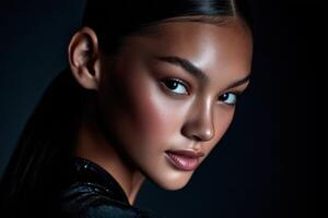 Beautiful young woman with stunning features in low light photo