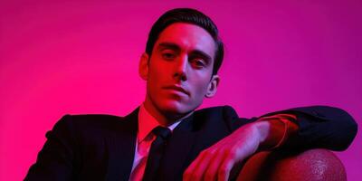Sophisticated man in a stylish suit under colorful lighting photo
