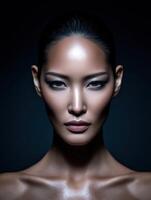 Model with striking features poses in dramatic lighting photo