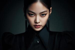 Stylish woman in black with a striking expression photo