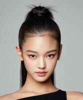 Model with sleek hairstyle in studio setting photo
