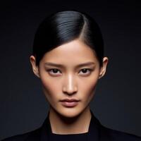 Model's facial features stand out against a dark backdrop photo