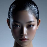Serene woman with sleek hair on soft background photo