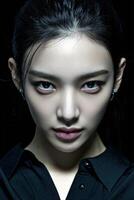 Intense portrait of a young woman with striking features photo