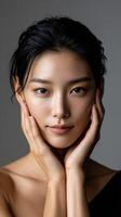 Woman posing with hands on face in neutral background photo