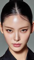 Model showcases striking makeup and hairstyle in studio photo