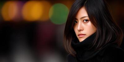 Young woman in urban setting with soft bokeh background photo