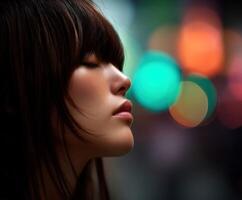 Woman in profile with soft lighting in urban setting photo
