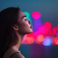 Woman enjoying the vibrant city lights at night photo