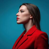 Model poses in a striking red outfit against a blue background photo
