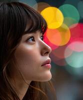 Woman gazing thoughtfully against a vibrant bokeh backdrop photo