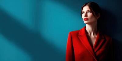 Model in red blazer poses against a blue background photo