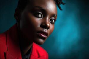 Portrait of a woman in a red blazer against blue backdrop photo