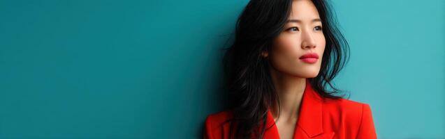Woman in red blazer poses against teal background photo