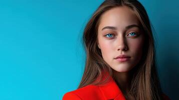 Model poses against a vivid blue background wearing bold red photo